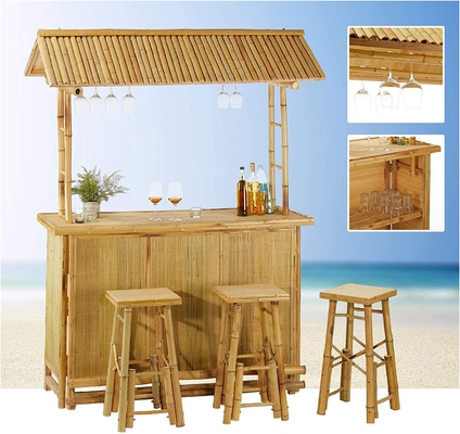 상용 야외 Bambu Tiki Bar Kit 지붕과 병 래크 음료, 뒷받침과 함께 대나무 의자